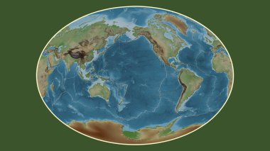 Fahey projeksiyonunda dünyanın soluk renkli yükseklik haritası Pasifik tektonik plakasının merkezine dönüştürüldü