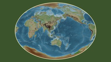 Filipin Denizi tektonik plakasının merkezine dönüştürülmüş Fahey projeksiyonunda dünyanın soluk renkli yükseklik haritası