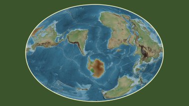 Fahey projeksiyonunda dünyanın soluk renkli yükseklik haritası Sandviç tektonik tabakasının merkezine dönüştürüldü