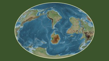 Dünyanın soluk renkli yükseklik haritası Fahey projeksiyonunda Shetland tektonik plakasının merkezine dönüştürüldü