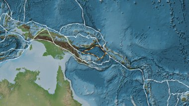 Solomon Denizi tektonik plakasının alanı Fahey projeksiyonunda soluk renkli bir yükseklik haritasında çizilmiş bir çizgi ile işaretlenmiş.