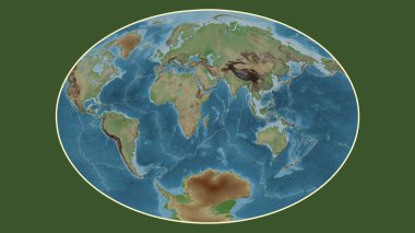 Fahey projeksiyonunda dünyanın soluk renkli yükseklik haritası Somali tektonik plakasının merkezine dönüştürüldü