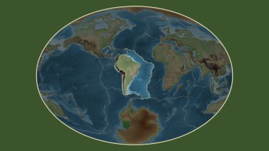 Fahey projeksiyonundaki topografiksel haritada Güney Amerika plaka alanına komşu bölgelerin tektonik plakalar sınırları