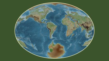 Fahey projeksiyonunda dünyanın soluk renkli yükseklik haritası Güney Amerika tektonik plakasının merkezine dönüştürüldü.