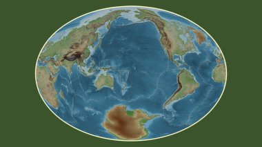 Fahey projeksiyonunda dünyanın soluk renkli yükseklik haritası Tonga tektonik plakasının merkezine dönüştürüldü