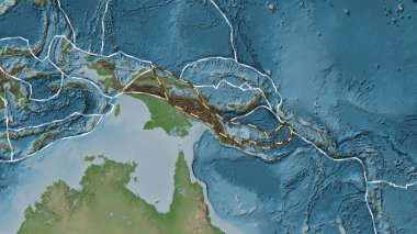 Woodlark tektonik plakasının alanı Fahey projeksiyonundaki soluk renkli yükseklik haritasında çizilmiş bir çizgi ile işaretlenmiş.