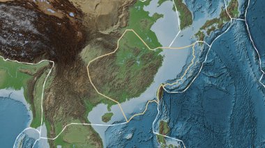 Yangtze tektonik plakasının alanı Fahey projeksiyonundaki soluk renkli yükseklik haritasında katı bir çizgiyle işaretlenmiş.