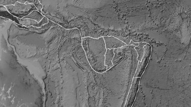New Hebrides tektonik plakasının alanı Fahey projeksiyonundaki gri tonlama yükseklik haritasında katı bir çizgi ile işaretlenmiştir.