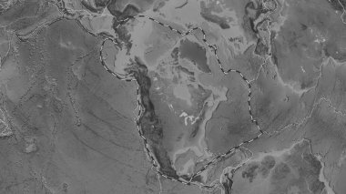 Kuzey Amerika tektonik plakasının alanı Fahey projeksiyonundaki gri tonlama yükseklik haritasında çizilmiş bir çizgi ile işaretlenmiş.