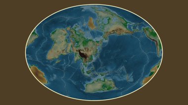 Dünyanın Fahey projeksiyonundaki renkli yükseklik haritası Amur tektonik plakasının merkezine dönüştürüldü