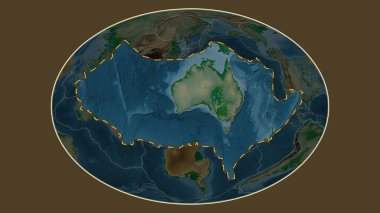 Avustralya tektonik plakasının alanı Fahey projeksiyonundaki küresel renkli yükseklik haritasından çıkarıldı ve özetlendi.