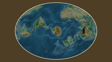 Fahey projeksiyonundaki dünyanın renkli yükseklik haritası Antarktika tektonik plakasının merkezine dönüştürüldü