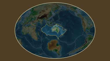 Fahey projeksiyonundaki fiziksel haritada Avustralya plaka alanına komşu bölgelerin tektonik plakalar sınırları