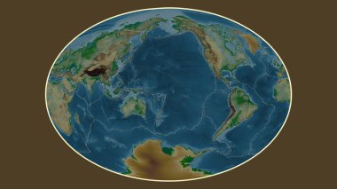 Dünyanın Fahey projeksiyonundaki renkli yükseklik haritası Balmoral Resifi tektonik plakasının merkezine dönüştürüldü