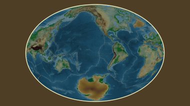 Fahey projeksiyonundaki dünyanın renkli yükseklik haritası Paskalya tektonik plakasının merkezine dönüştürüldü