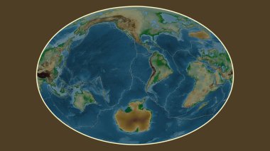 Fahey projeksiyonundaki dünyanın renkli yükseklik haritası Juan Fernandez tektonik plakasının merkezine dönüştürüldü.