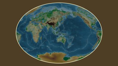 Fahey projeksiyonundaki dünyanın renkli yükseklik haritası Molucca Denizi tektonik plakasının merkezine dönüştürüldü