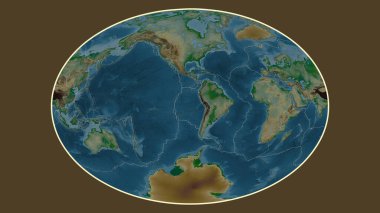 Fahey projeksiyonundaki dünyanın renkli yükseklik haritası Nazca tektonik plakasının merkezine dönüştürüldü