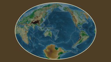 Fahey projeksiyonunda dünyanın renkli yükseklik haritası Yeni Hebrides tektonik plakasının merkezine dönüştürüldü