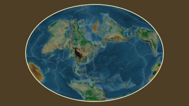 Fahey projeksiyonunda dünyanın renkli yükseklik haritası Okhotsk tektonik plakasının merkezine dönüştürüldü