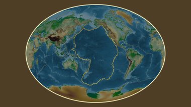 Pasifik tektonik plakasının alanı Fahey projeksiyonundaki renkli yükseklik haritasında katı bir çizgi ile işaretlenmiş.