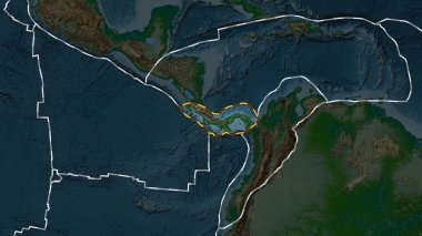 Panama tektonik plakasının alanı, Fahey projeksiyonundaki koyu renkli yükseklik haritasının arka planına çizilmiş bir çizgi ile işaretlenmiş.