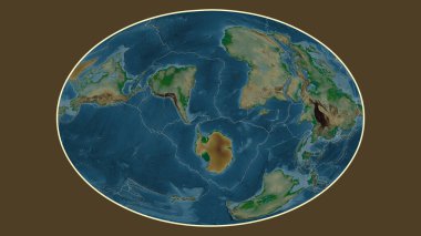 Dünyanın Fahey projeksiyonundaki renkli yükseklik haritası Sandviç tektonik tabakasının merkezine dönüştürüldü