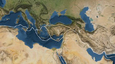 Anadolu tektonik plakasının alanı Fahey projeksiyonundaki uydu görüntüleme haritasında sağlam bir çizgi ile işaretlenmiş.