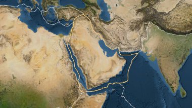 Arap tektonik plakasının alanı Fahey projeksiyonundaki uydu görüntüleme haritasında sağlam bir çizgi ile işaretlenmiş.