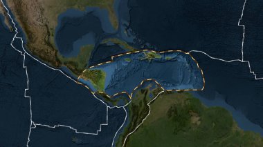 Karayip tektonik plakasının alanı, Fahey projeksiyonundaki koyu renkli uydu görüntüleme haritasının arka planına çizilmiş bir çizgi ile işaretlenmiş.