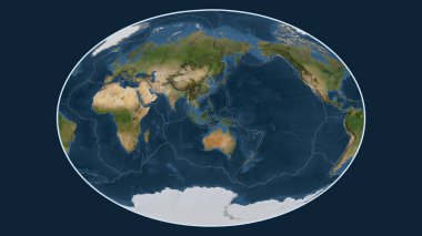 Dünyanın Fahey projeksiyonundaki uydu görüntüsü Molucca Denizi tektonik plakasının merkezine dönüştürüldü.