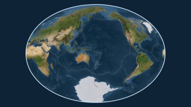 Dünyanın Fahey projeksiyonundaki uydu görüntüsü New Hebrides tektonik plakasının merkezine dönüştürüldü.