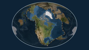 Kuzey Amerika tektonik plakasının alanı Fahey projeksiyonundaki küresel uydu görüntüleme haritasından çıkarıldı ve özetlendi.