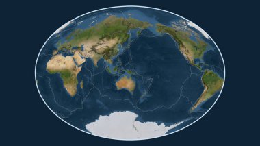 Dünyanın Fahey projeksiyonundaki uydu görüntüsü Solomon Denizi tektonik plakasının merkezine dönüştürüldü.