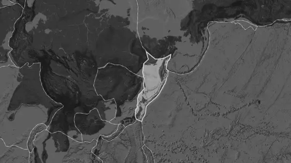 Fahey projeksiyonundaki bilek haritasında, Okhotsk plakasının yakınındaki alanların tektonik plakalar sınırları