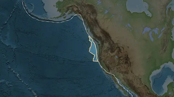 Fahey projeksiyonundaki topografik haritada Juan de Fuca plakasının yakınındaki alanların tektonik plakalar sınırları.