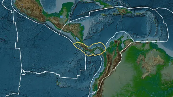 Panama tektonik plakasının alanı Fahey projeksiyonundaki renkli yükseklik haritasında katı bir çizgi ile işaretlenmiş.