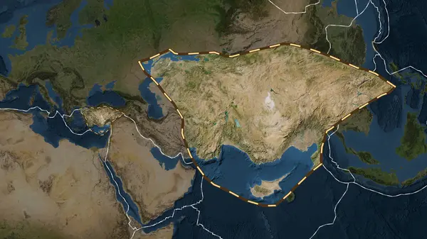 Anadolu tektonik plakasının alanı Fahey projeksiyonundaki küresel uydu görüntüleme haritasından çıkarıldı ve özetlendi.