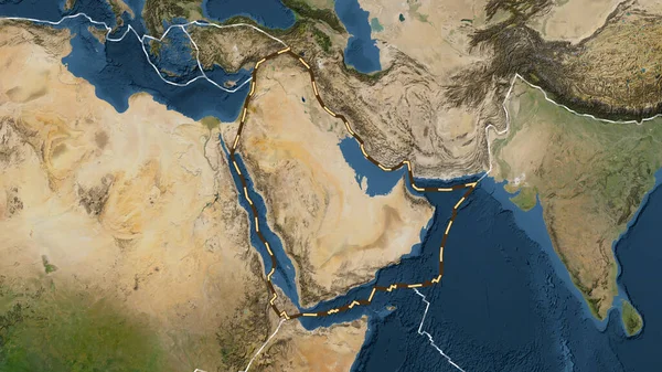 Area of the Arabian tectonic plate marked with a dashed line on a satellite imagery map in the Fahey projection