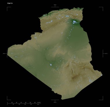 Cezayir 'in göl ve nehirlerinin bulunduğu açık renkli bir yükseklik haritası, uzaklık ölçeği ve harita sınır koordinatları, siyah üzerine izole edilmiş.