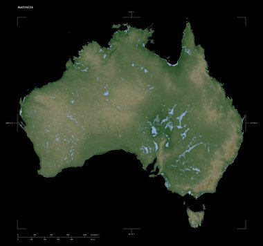 Avustralya 'nın gölleri ve nehirleriyle, uzaklık ölçeği ve harita sınır koordinatlarıyla izole edilmiş soluk renkli bir yükseklik haritası.