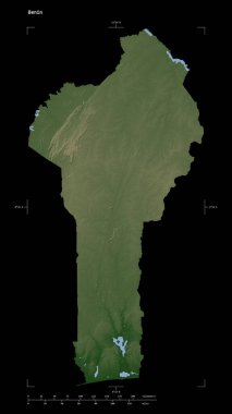 Benin 'in göl ve nehirleri, uzaklık ölçeği ve harita sınır koordinatlarıyla siyah üzerine izole edilmiş soluk renkli bir yükseklik haritası.