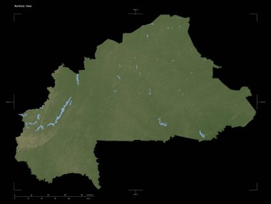 Burkina Faso 'nun göl ve nehirlerinin bulunduğu açık renkli yükseklik haritası, uzaklık ölçeği ve harita sınır koordinatlarıyla, siyah üzerine izole edilmiş.