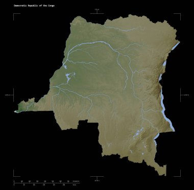 Kongo Demokratik Cumhuriyeti 'nin gölleri ve nehirleriyle, uzaklık ölçeği ve harita sınır koordinatlarıyla siyah üzerine izole edilmiş soluk renkli bir yükseklik haritası.