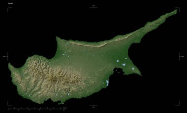 Kıbrıs 'ın gölleri ve nehirleriyle, uzaklık ölçeği ve harita sınır koordinatlarıyla, siyah üzerine izole edilmiş, soluk renkli bir yükseklik haritasının şekli