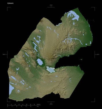 Cibuti 'nin göl ve nehirleriyle, uzaklık ölçeği ve harita sınır koordinatlarıyla siyah üzerine izole edilmiş soluk renkli bir yükseklik haritası.