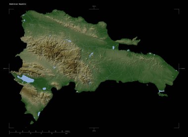 Dominik Cumhuriyeti 'nin gölleri ve nehirleri olan soluk renkli yükseklik haritası, uzaklık ölçeği ve harita sınır koordinatlarıyla, siyah üzerine izole edilmiş.