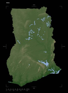 Gana 'nın gölleri ve nehirleriyle, uzaklık ölçeği ve harita sınır koordinatlarıyla siyah üzerine izole edilmiş soluk renkli bir yükseklik haritası.