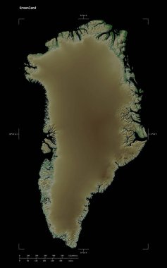 Grönland 'ın göl ve nehirleri, uzaklık ölçeği ve harita sınır koordinatlarıyla izole edilmiş soluk renkli yükseklik haritası.