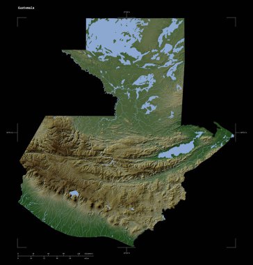 Guatemala 'nın göl ve nehirlerinin olduğu açık renkli bir yükseklik haritası şekli, uzaklık ölçeği ve harita sınır koordinatları, siyah üzerine izole edilmiş.